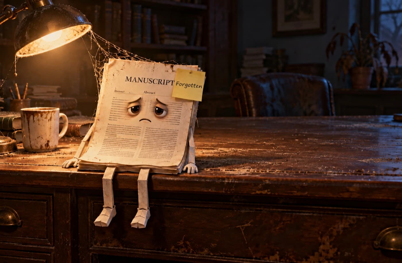 A sad, dusty manuscript sitting alone on a desk, with a sticky note that says "Forgotten"